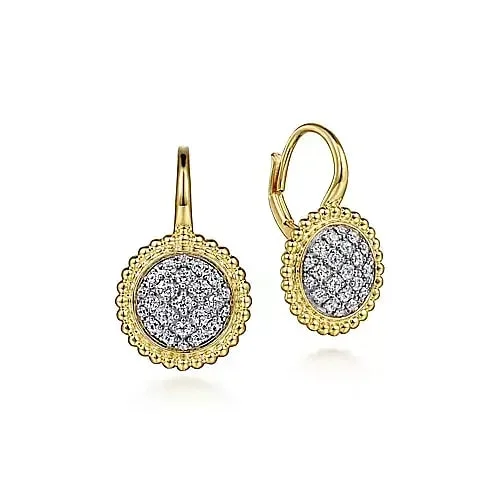 Three - stone diamond engagement ring in rose gold, symbolizing past, present, and futureBujukan Circular Diamond Pave Cluster Drop Earrings in Yellow and White Gold, 0.50 cttw