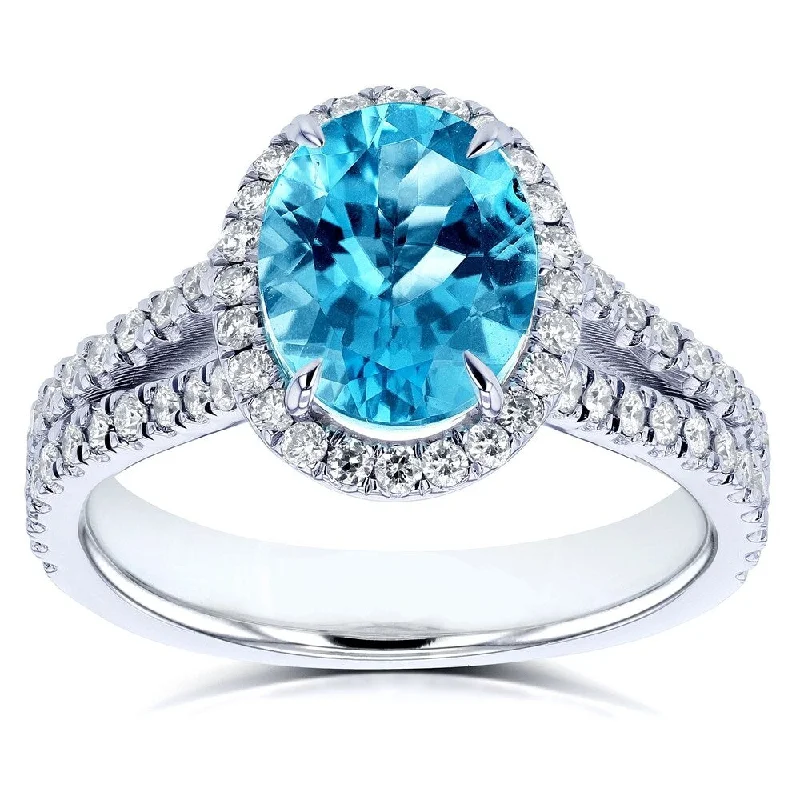 Cathedral - Style Women's Diamond Rings with a Raised Center Setting and Elaborate MetalworkAnnello by Kobelli 14k Gold 2 1/2ct TGW Oval Cut Swiss Blue Topaz and Diamond Split Shank Ring (3 Gold Colors Options)