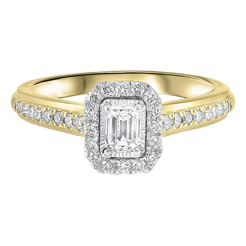 Men's Peridot Engagement Rings in 14K Gold - Filled Metal with a Micro - Pave Setting14K Two-Toned White-Yellow 1/2 CTW Emerald Cut Ring with 1/3 CT Center