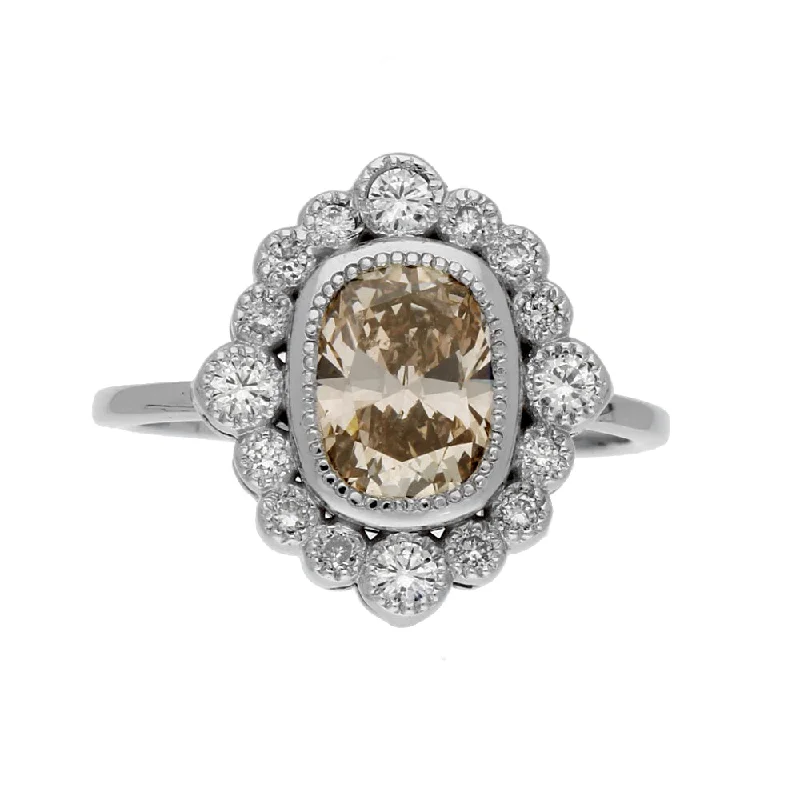 Art Deco - Inspired Women's Diamond Rings with Geometric Designs and Baguette - Cut Diamonds18ct White Gold 1.90ct Natural Light Brown Diamond Halo Cluster Ring