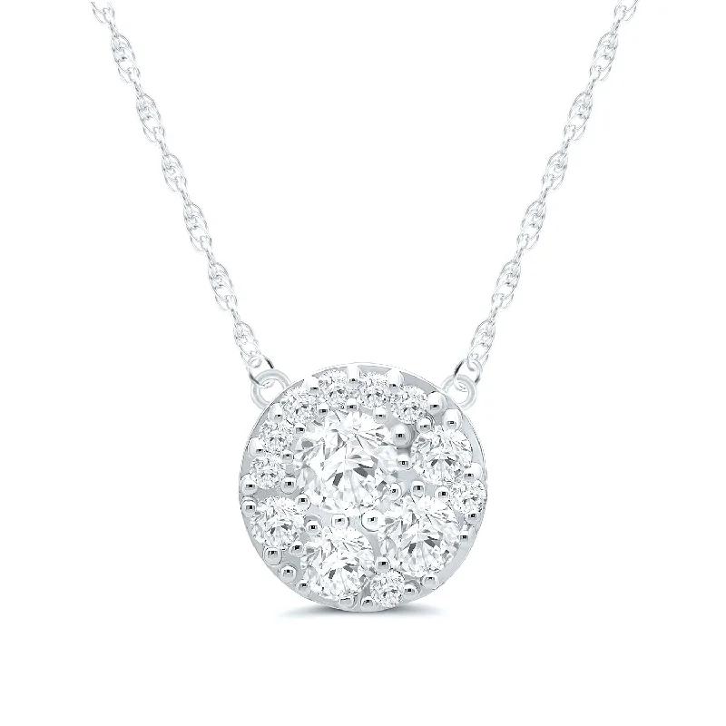 Halo diamond engagement ring in 18K white gold with a center oval - cut stoneRound White Gold Diamond Cluster Pendant Necklace, 0.25 cttw