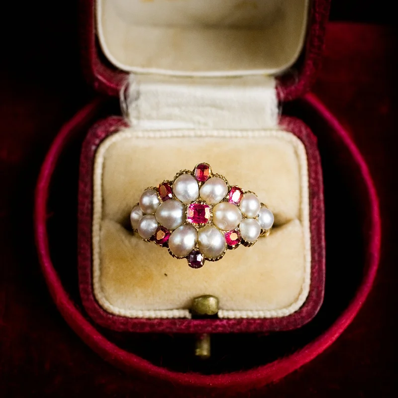 Enamel - Coated Women's Rings in Bright, Bold ColorsThou Dost Enthrall Me! Antique Georgian Ruby & Natural Pearl Cluster Ring