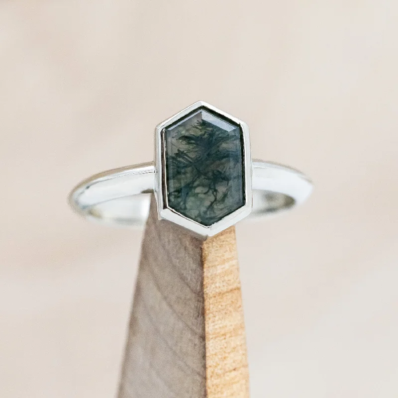 Men's Ruby Engagement Rings in Rose Gold with a Solitaire Design for a Romantic Gesture"CORA" - ELONGATED HEXAGON CUT MOSS AGATE SOLITAIRE ENGAGEMENT RING