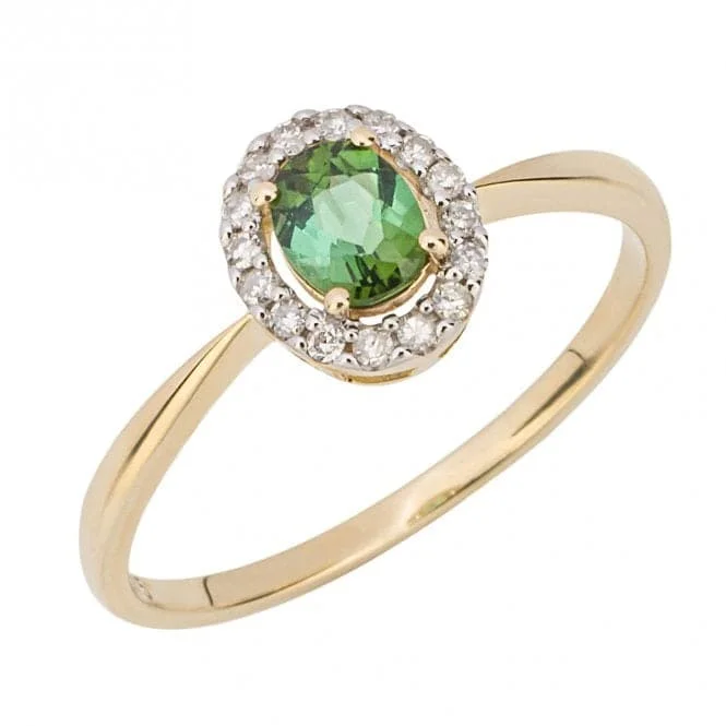 Geometric - Shaped Fashion Rings in Titanium with Iridescent InlaysGreen Tourmaline with Diamond Yellow Gold Surround Ring GR605G