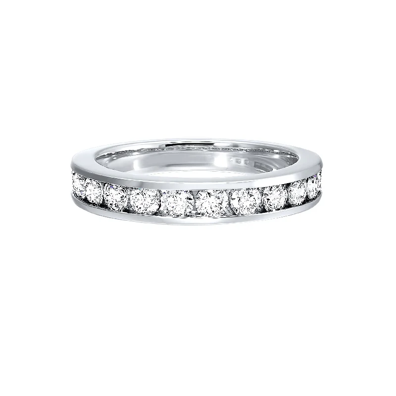 Cushion - cut diamond engagement ring with a halo of moissanite in a silver - plated bandChannel Set Diamond Band in White Gold- 0.33 ctw.