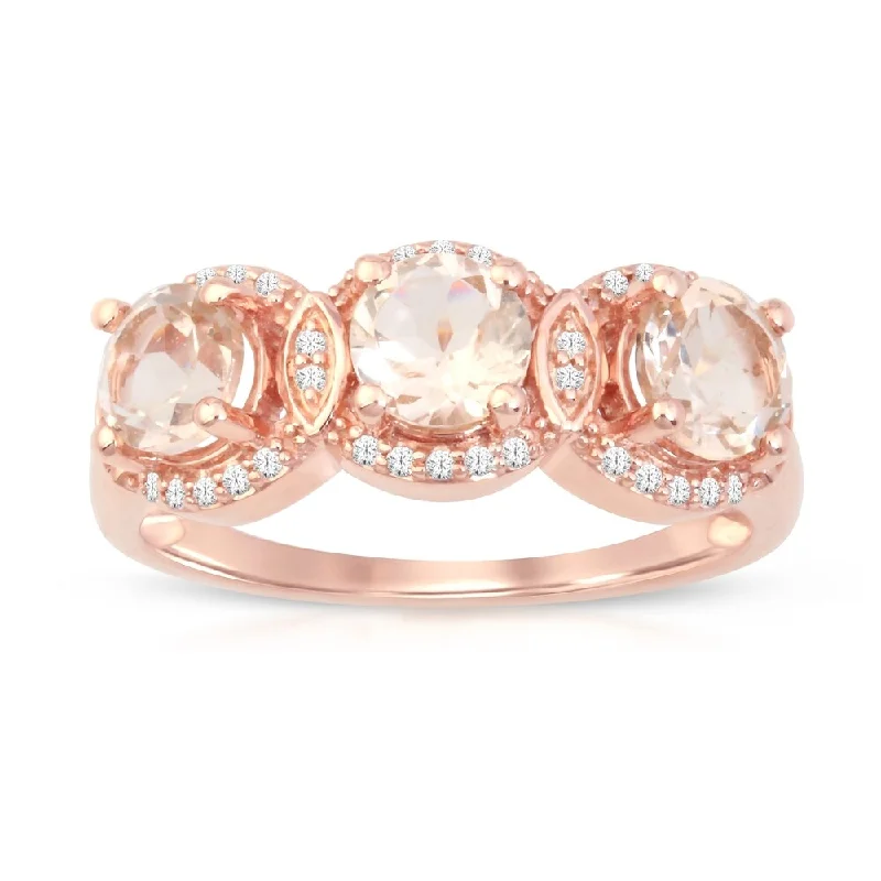 Cushion - Cut Women's Diamond Rings in Platinum with a Soft and Romantic AppearanceMorganite Gemstone 1/8ct TDW Diamond Three-Stone Halo Ring in Rose Gold Plated Silver