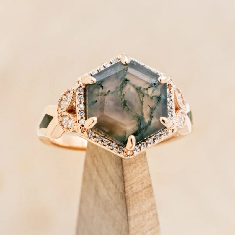 Men's Topaz Engagement Rings in 10K Gold with a Channel - Set Diamond Band"LUCY IN THE SKY" - HEXAGON CUT MOSS AGATE ENGAGEMENT RING WITH DIAMOND HALO & MOSS INLAYS