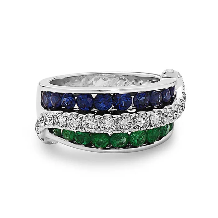 Open - Band Fashion Rings in Sterling Silver with Gemstone InlaysCharles Krypell "Krypell Collection" Triple Row Ring with Diamonds, Sapphires and Emeralds in 18K White Gold