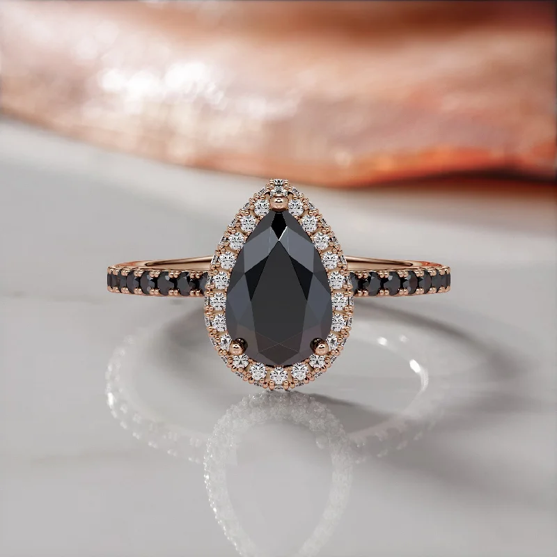 Women's Diamond Rings with Side - Stone Pave Setting for a Sparkling and Continuous ShineDarkfire - Double Halo  Natural Black Diamond Pear Engagement Ring