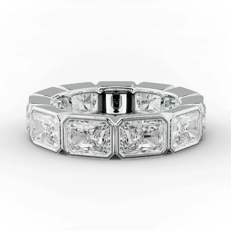 Halo - Style Women's Diamond Rings with a Center Diamond Surrounded by Smaller Diamonds in 18K Gold6.0 Carat East West Radiant Cut Bezel Set Diamond Eternity Band