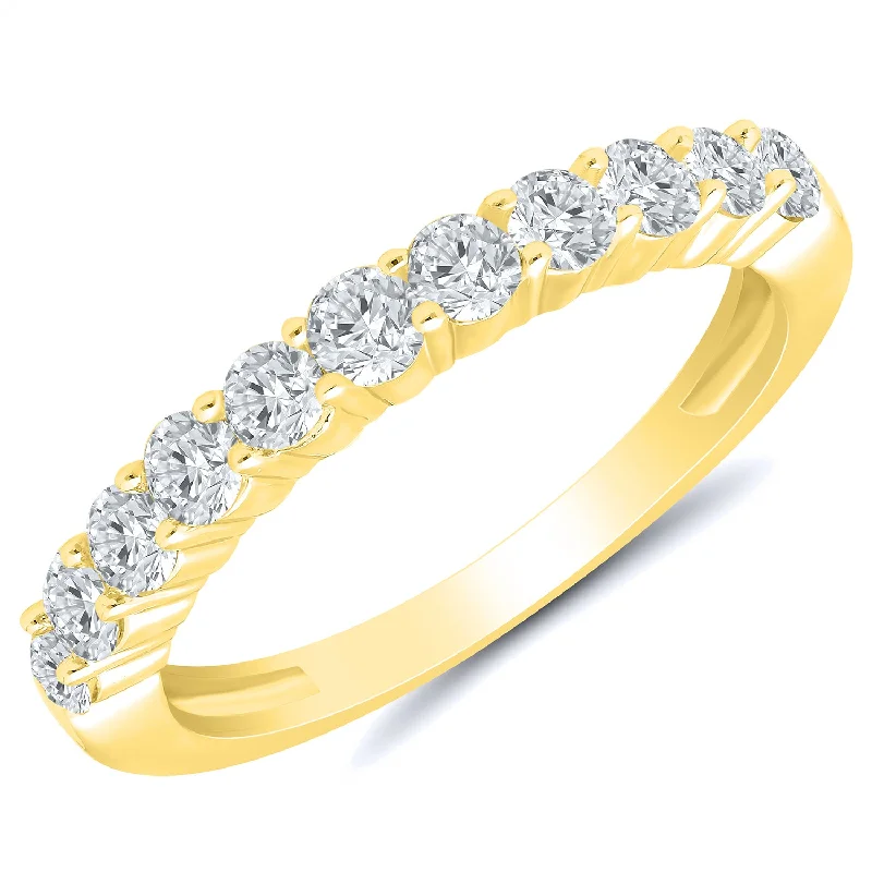 Three - stone diamond engagement ring in rose gold, symbolizing past, present, and futureYellow gold diamond anniversary band with 11 diamonds, 0.75ctw