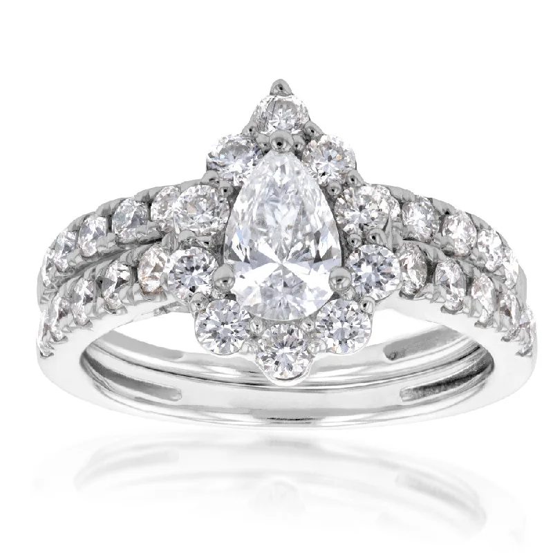 Cathedral - Style Women's Diamond Rings with a Raised Center Setting and Elaborate MetalworkLuminesce Lab Grown Diamond 1.5Ct Bridal Set Pear Centre Halo in 14ct White Gold