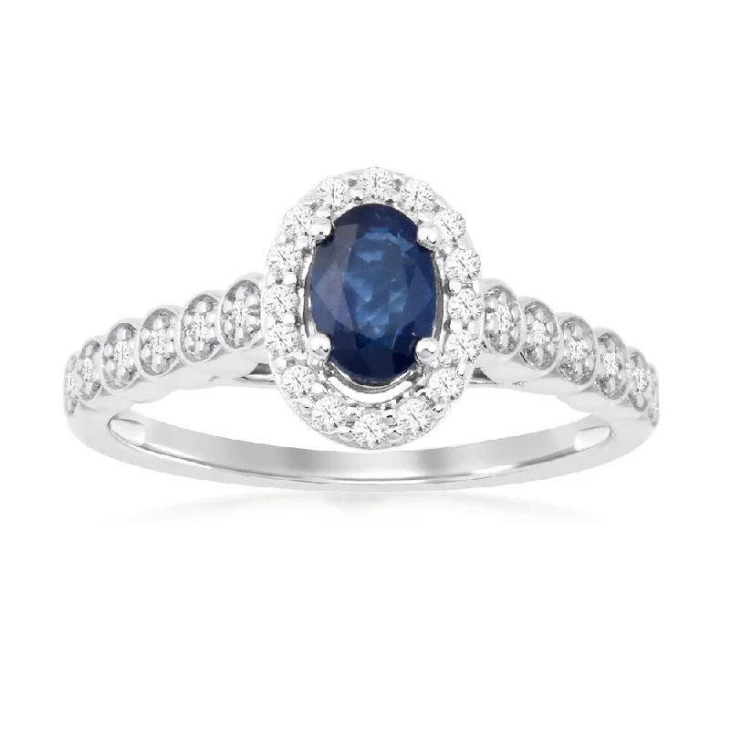 Halo - Style Women's Diamond Rings with a Center Diamond Surrounded by Smaller Diamonds in 18K GoldOval Cut Sapphire Gemstone 1/5ct TDW Diamond Halo Ring in Silver