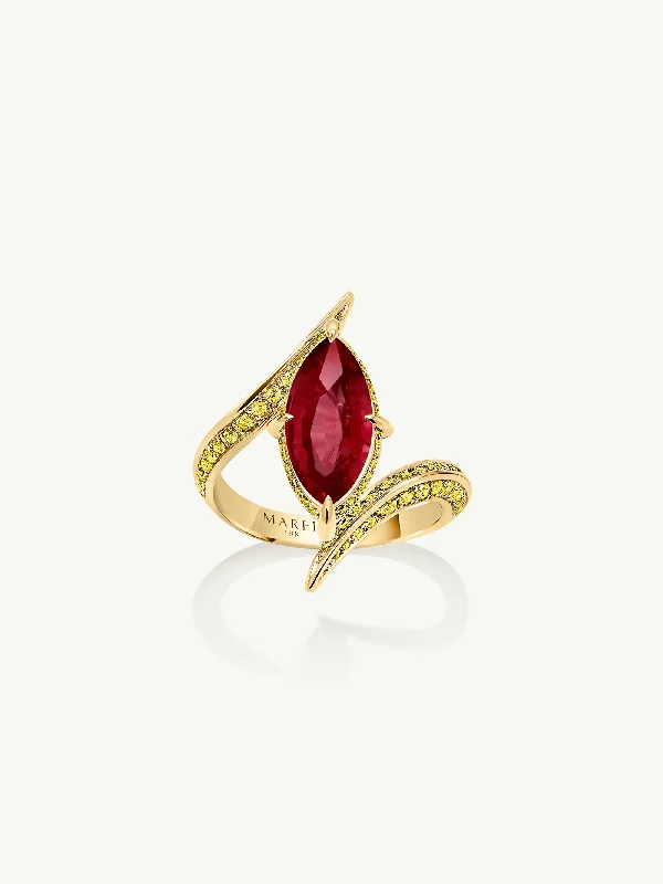 Three - stone diamond engagement ring in rose gold, symbolizing past, present, and futureAyla Arabesque Engagement Ring With Marquise-Cut Ruby With Pavé-Set Brilliant Vivid Yellow Diamonds In 18K Yellow Gold