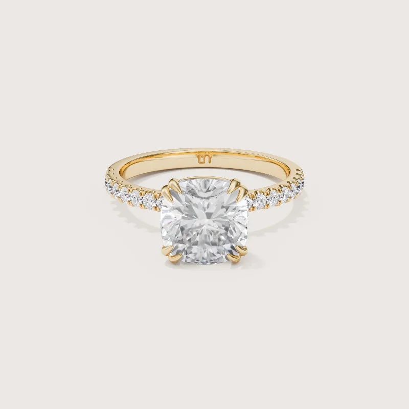 Three - stone diamond engagement ring in rose gold, symbolizing past, present, and futureLotus Cushion Solitaire - Diamond Band