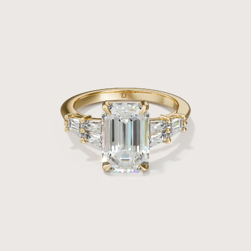 Cushion - cut diamond engagement ring with a halo of moissanite in a silver - plated bandVerre Emerald Baguette Side Stones