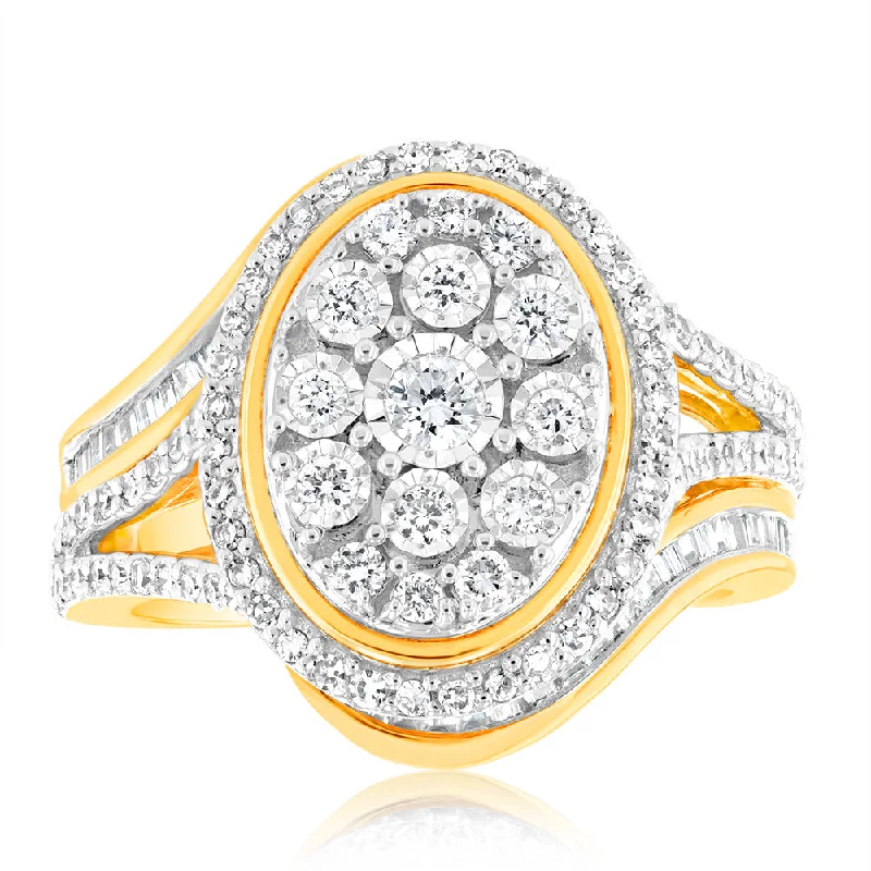 Cushion - Cut Women's Diamond Rings in Platinum with a Soft and Romantic Appearance1Carat Luminesce Lab Grown 93Brilliant cut & 44Tappered cut Diamonds in 9ct Yellow gold