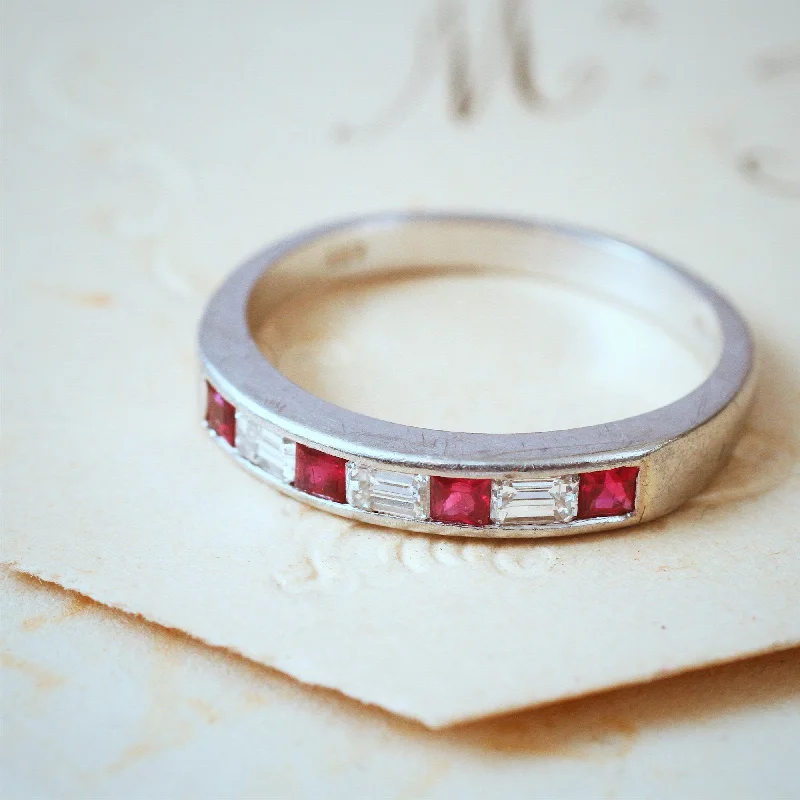 Women's Rings with Hidden Compartments for Secret KeepsakesPristine Ruby and Emerald Cut Diamond Band