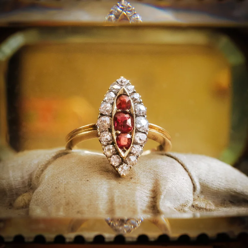 Floral - Patterned Women's Rings in 18K Yellow Gold for a Feminine LookNicely Nostalgic Antique Navette Ruby and Diamond Ring