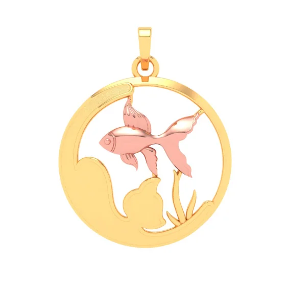 14k Circular Shape Fishbowl Shape Gold Pendant With A Yellow Gold Fish From Amazea Collection