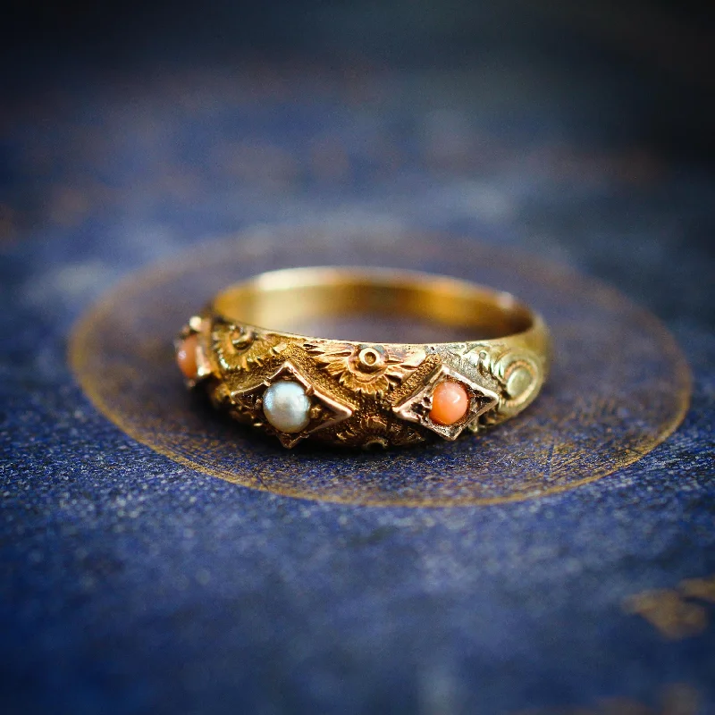 Women's Rings with Birthstones for a Personalized TouchRare Precious Date 1875 Etruscan Revival Coral & Pearl Ring