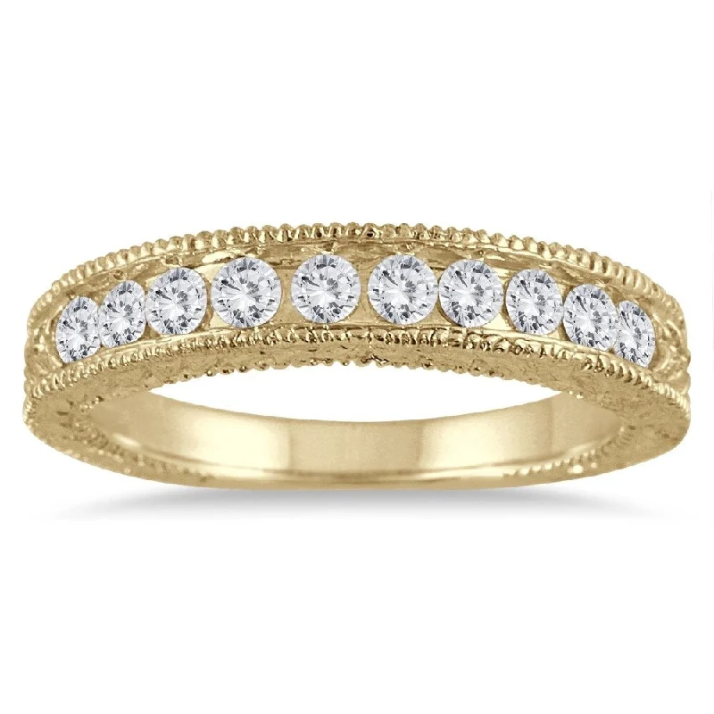 Women's Diamond Rings with Side - Stone Pave Setting for a Sparkling and Continuous Shine1/2 Carat TW Diamond Engraved Antique Band in 10K Yellow Gold