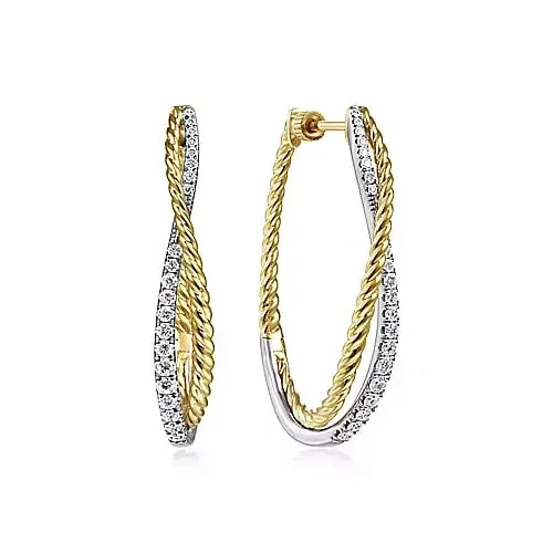 Oval - cut sapphire and diamond engagement ring in 18K white goldTwisted 35mm Diamond Hoop Earrings in Yellow and White Gold, 0.62 cttw