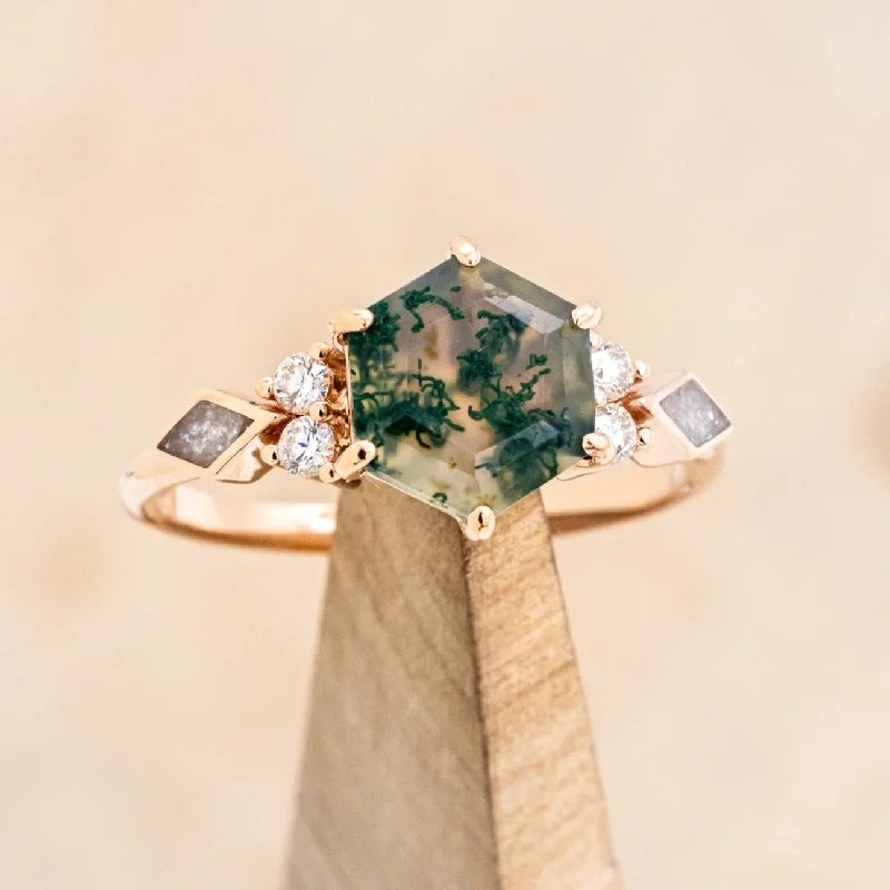 Men's Amethyst Engagement Rings in Sterling Silver with a Contemporary Geometric Setting"EVERETT" - HEXAGON MOSS AGATE ENGAGEMENT RING WITH SIDE DIAMOND & DIAMOND DUST INLAYS