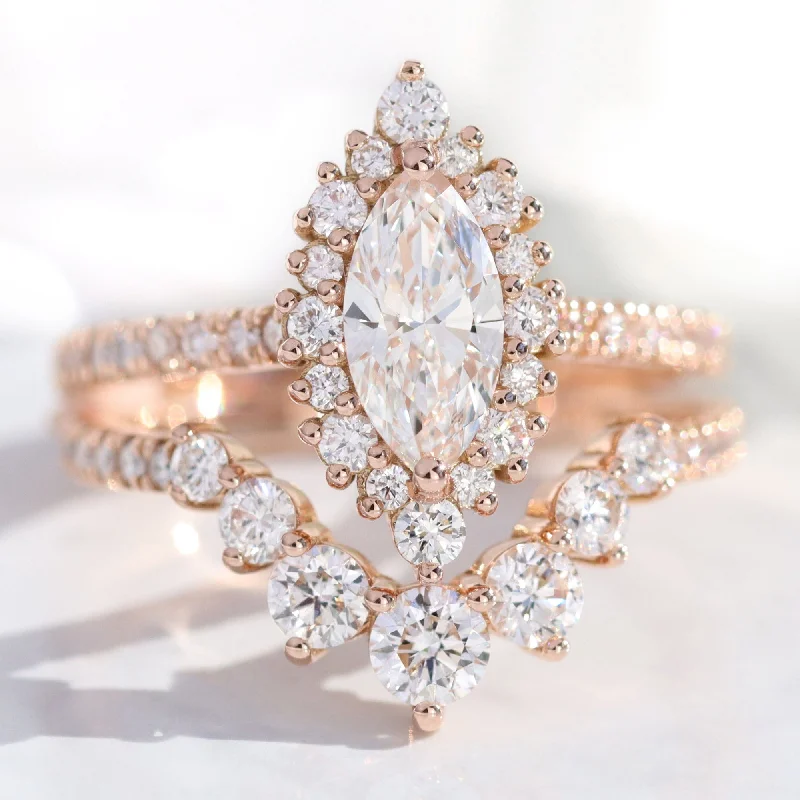 Tennis - Style Women's Diamond Rings with a Continuous Row of Diamonds for a Classic and Versatile LookMarquise Diamond Halo Pave Ring w/ Lab Diamond and Large 7 Stone Wedding Band