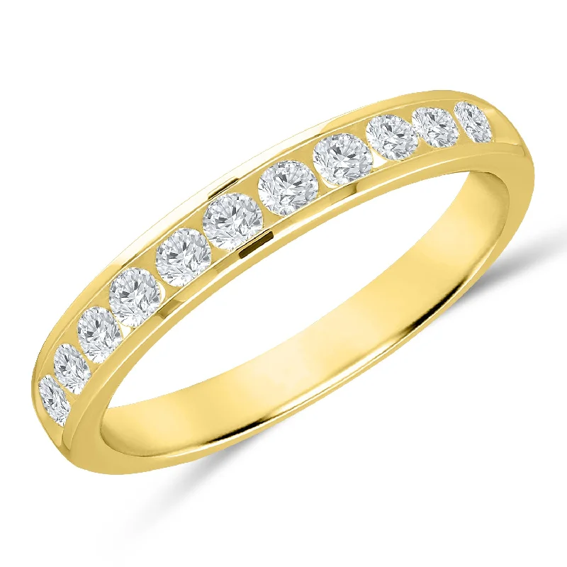 Round - cut diamond engagement ring with a twisted band design in 14K white goldTimeless Yellow Gold Diamond Channel Set Anniversary Band with 11 Diamonds, 0.50cttw