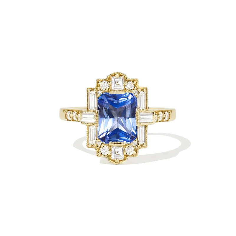 Men's Tanzanite Engagement Rings in Palladium with a Three - Stone ArrangementCornflower Blue Radiant Cut Sapphire Deco Emerald Cut Diamond Mosaic Ring