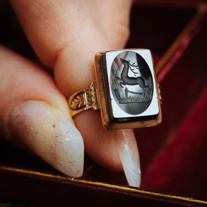 Interlocking Band Women's Rings in White Gold for a Modern DesignUnusual Circa 1900 Antique Deer Intaglio Ring