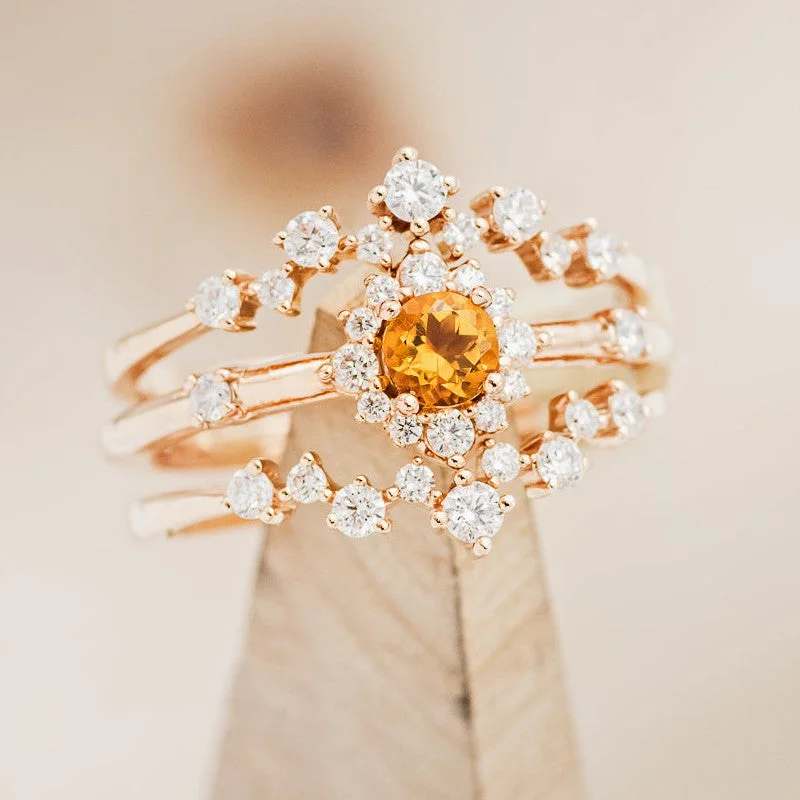 Men's Ruby Engagement Rings in Rose Gold with a Solitaire Design for a Romantic Gesture"STARLA" - ROUND CUT CITRINE ENGAGEMENT RING WITH DIAMOND ACCENTS & "LEA" TRACERS