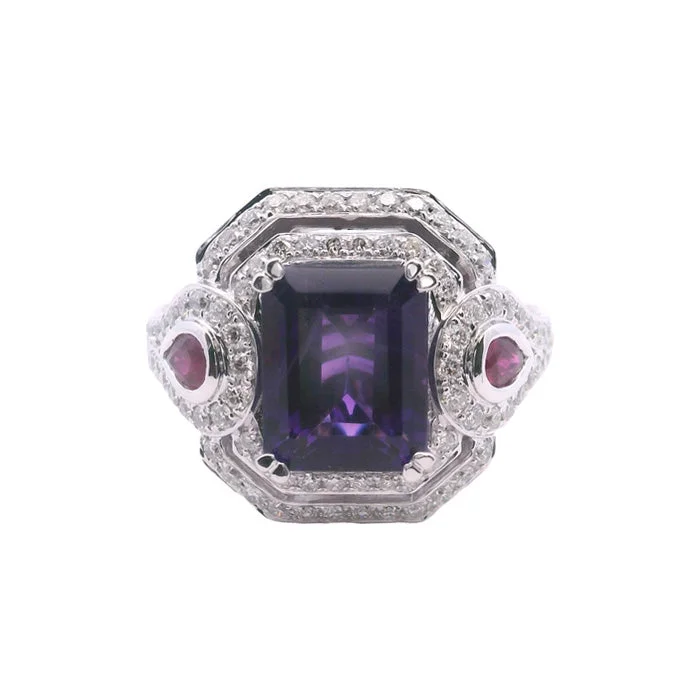 Rhinestone - Embellished Fashion Rings in Silver - Tone Metal for a Glamorous TouchCharles Krypell Pastel Collection Amethyst Double Halo Ring with Rubies and Diamonds in 18K White Gold