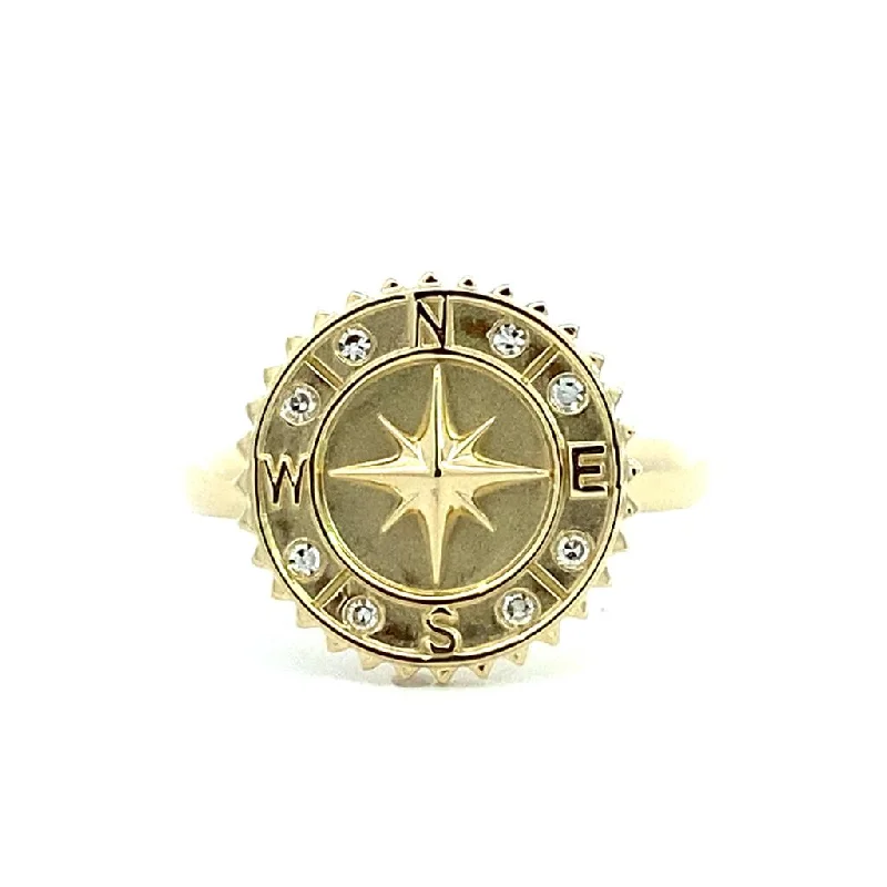 Fashion Rings with Initial Charms in Silver - Plated Metal for a Custom Accessory14K Yellow Gold Satin Finish Compass Medallion Diamond Ring