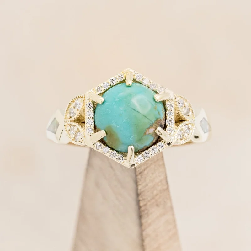 Men's Tourmaline Engagement Rings in 18K Two - Tone Gold with a Floral - Inspired Setting"LUCY IN THE SKY" - ROUND CABOCHON CUT TURQUOISE ENGAGEMENT RING WITH DIAMOND ACCENTS & FIRE AND ICE OPAL INLAYS