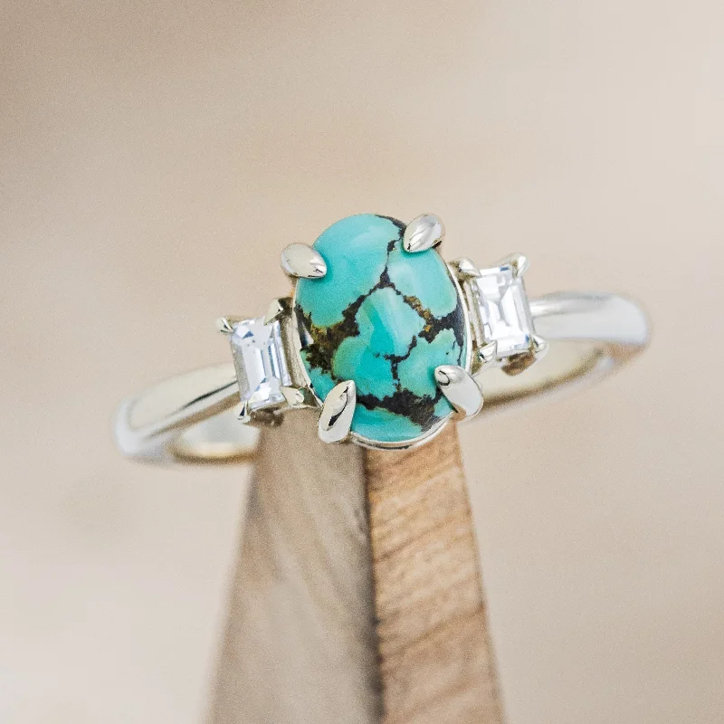 Men's Tourmaline Engagement Rings in 18K Two - Tone Gold with a Floral - Inspired Setting"PRESLEY" - OVAL TURQUOISE ENGAGEMENT RING WITH BAGUETTE DIAMOND ACCENTS