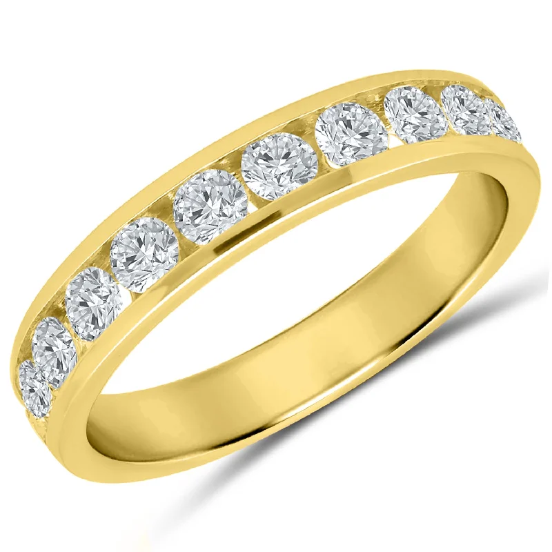 Radiant - cut diamond engagement ring with a bezel - set center stone in 18K yellow goldYellow gold diamond channel-set anniversary band, 1.0ctw