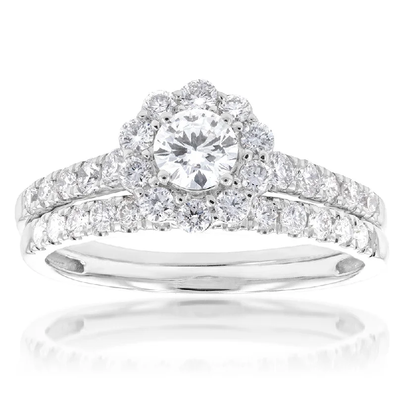 Vintage - Style Women's Diamond Rings with Floral - Engraved Bands and Multiple Diamond AccentsLuminesce Lab Grown Diamond 1.5Ct Halo Bridal Set in 14ct White Gold