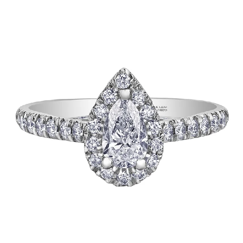 Halo - Style Women's Diamond Rings with a Center Diamond Surrounded by Smaller Diamonds in 18K GoldCanadian Pear Shaped Diamond Halo Engagement Ring