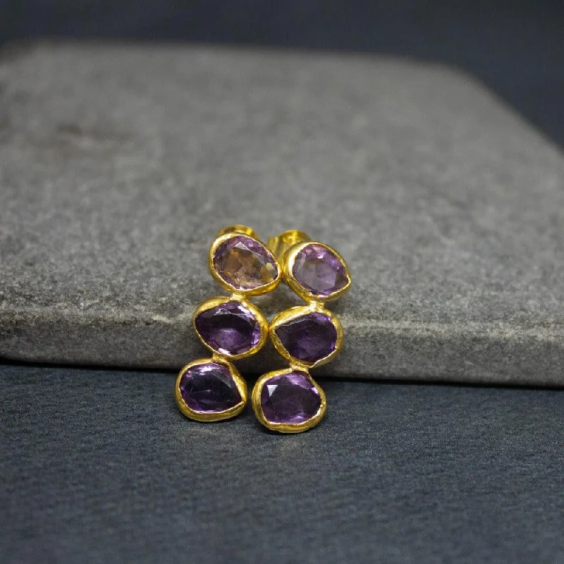 Magnetic - Back Stud Earrings in Black for Easy and Comfortable WearGold Triple Faceted Amethyst Organic Stud Earrings