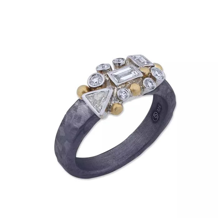 Minimalist Fashion Rings in Stainless Steel with a Single Solitaire CrystalLika Behar Scatter Ring with Round and Fancy Cut Diamonds in Oxidized Sterling Silver with 24K Yellow Gold and 18K White Gold