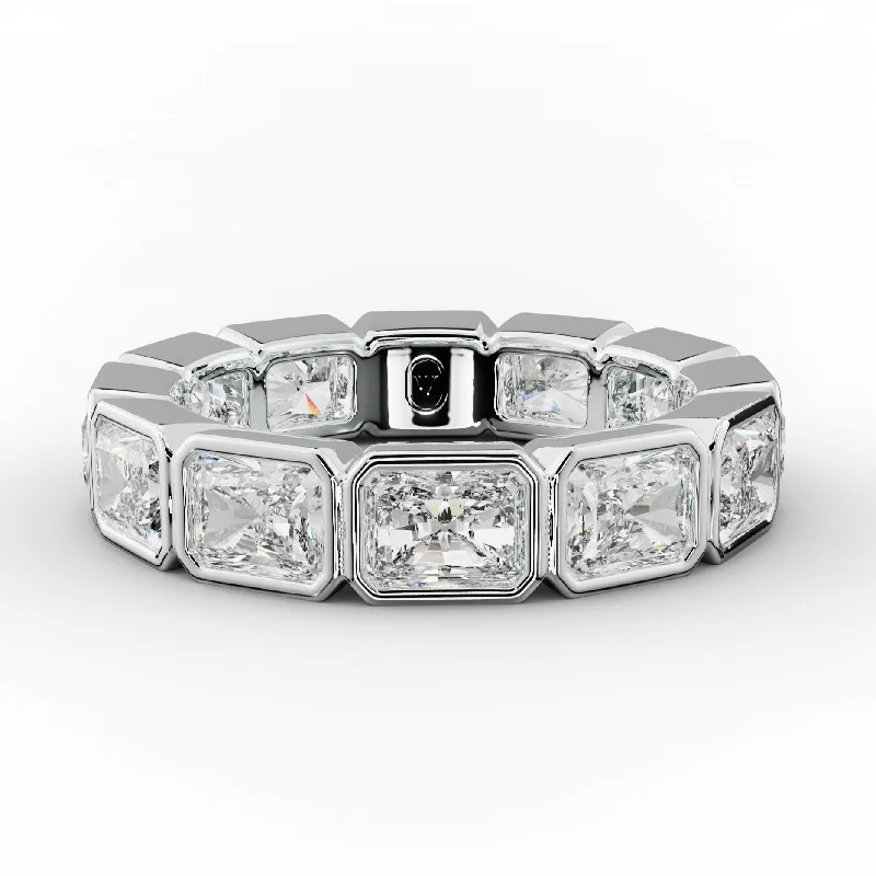 Three - Stone Women's Diamond Rings Symbolizing Past, Present, and Future with Emerald - Cut Diamonds4.0 Carat East West Radiant Cut Bezel Set Diamond Eternity Band