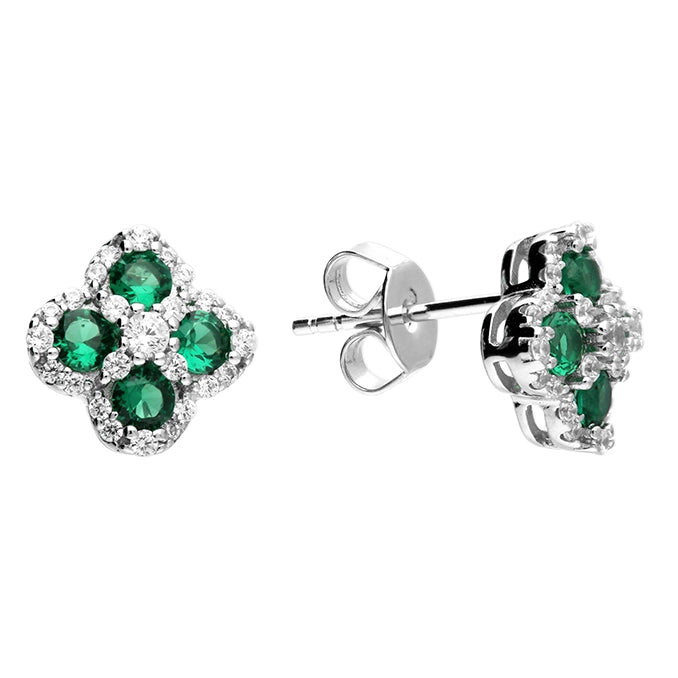 Cubic Zirconia - Encrusted Flower Stud Earrings in Pink for a Girly and Glamorous AccessorySterling Silver Cubic Zirconia Green White Clover Stud Earrings