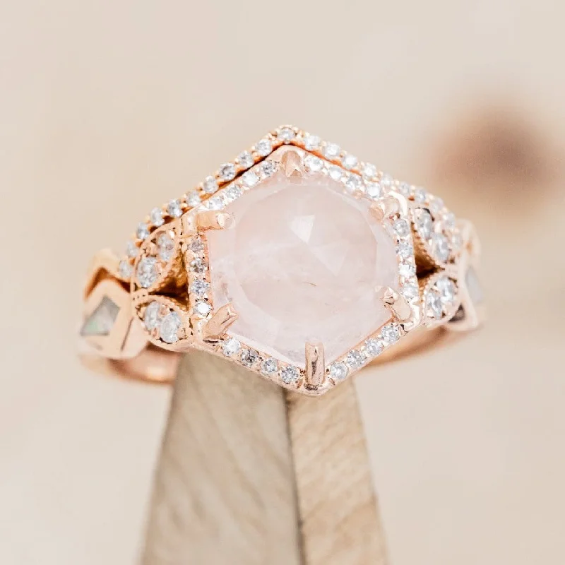 Men's Agate Engagement Rings in Sterling Silver with a Mosaic - Style Inlay"LUCY IN THE SKY" - FACETED HEXAGON CUT ROSE QUARTZ RING WITH DIAMOND ACCENTS, MOTHER OF PEARL INLAYS & A DIAMOND TRACER