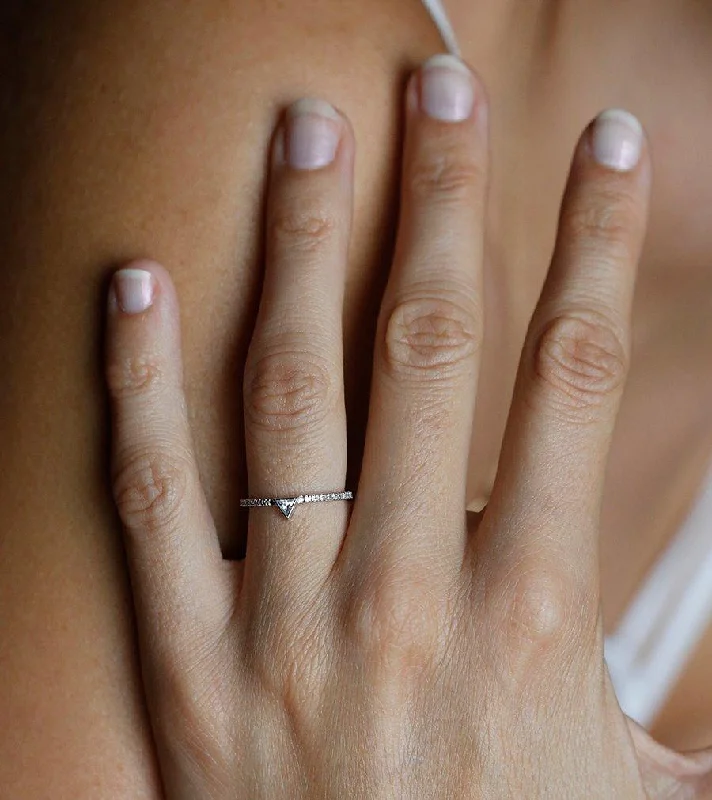 Cathedral - Style Women's Diamond Rings with a Raised Center Setting and Elaborate MetalworkDainty Triangle Cut Diamond Ring with Diamond Pave Band