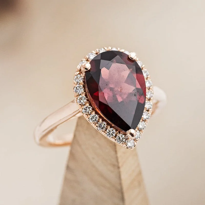 Men's Garnet Engagement Rings in 18K Gold Vermeil with Intricate Engraved DetailsPEAR CUT GARNET ENGAGEMENT RING WITH DIAMOND HALO