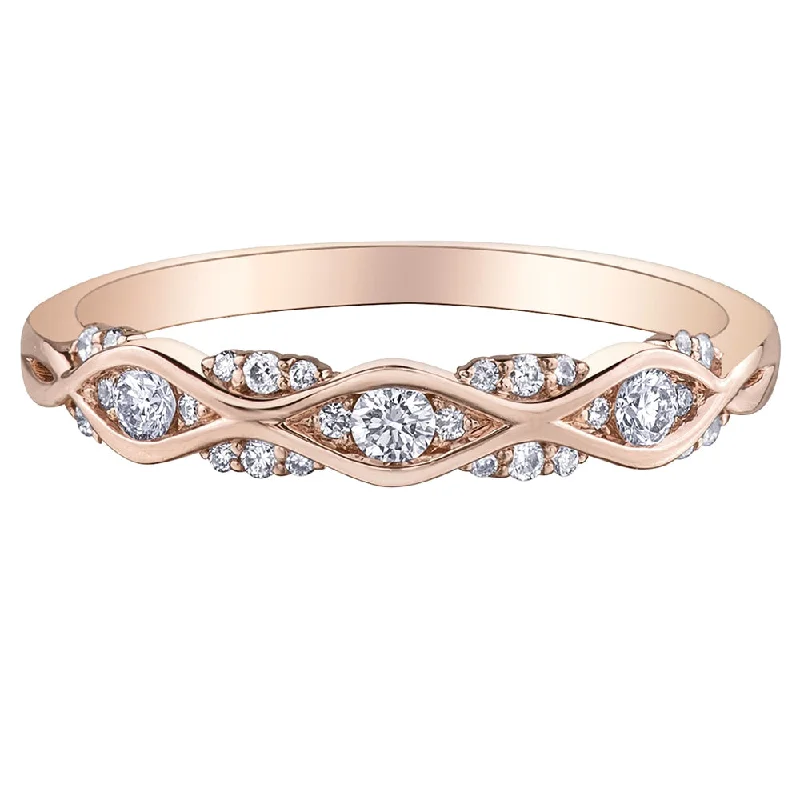 Three - Stone Women's Diamond Rings Symbolizing Past, Present, and Future with Emerald - Cut DiamondsPatterned Rose Gold and Canadian Diamond Band