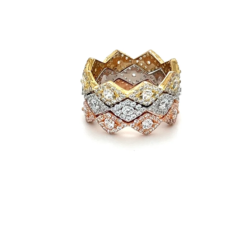 Open - Band Fashion Rings in Sterling Silver with Gemstone InlaysRhombus Pave CZ's 3 Tone 3 Ring Set