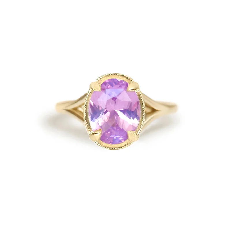 Men's Emerald Engagement Rings with 14K Yellow Gold and Vintage - Style FiligreeOval Split Shank Opalescent Pink Sapphire Solitaire Ring